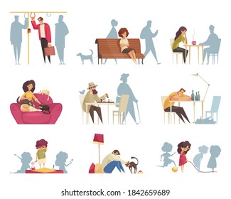 Cartoon set of compositions with lonely people and children crying drinking alcohol sitting with cats isolated vector illustration
