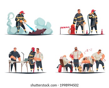 Cartoon set of compositions with male firefighters at work isolated on white background vector illustration