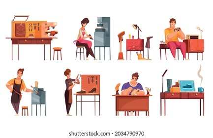 Cartoon set of compositions with shoemakers repairing shoes and equipment for workshop interior isolated vector illustration