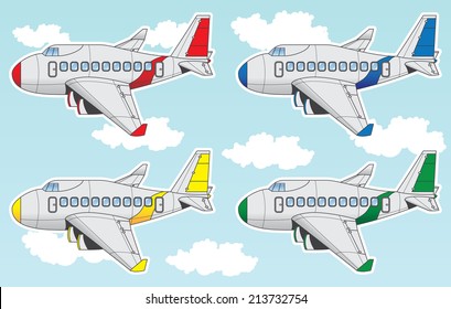 Cartoon set containing airliner planes in different colors
