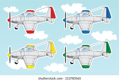 Cartoon set containing general aviation airplanes in different colors