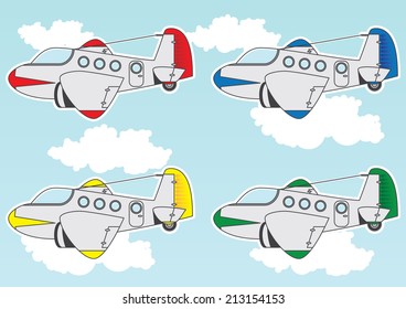 Cartoon set containing jet planes in different colors