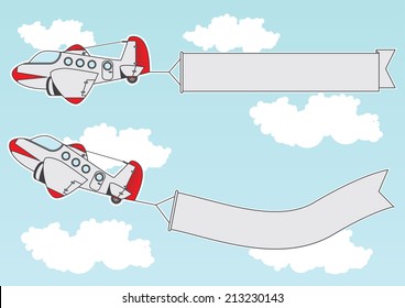 Cartoon set containing jet planes with signs attached to them.
