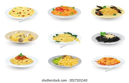Cartoon set of cooked pasta dishes, traditional european food, tasty lunch. Vector of various types of macaroni served on plates. Idea of italian cuisine, dinner in cafe, assortment isolated on white