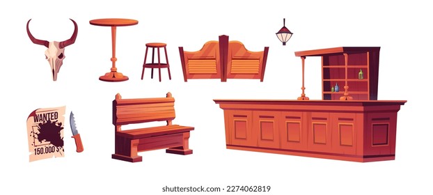 Cartoon set of cowboy saloon interior elements isolated on white background. Vector illustration of vintage furniture and decor for bar, tavern design. Bull skull, wanted paper, wooden bench and table