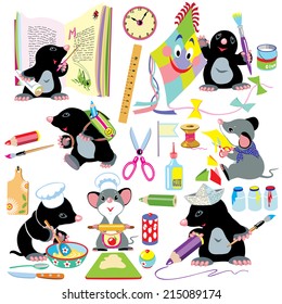 cartoon set with creative activities for young children, little mole and mouse creating using a lot of school tools