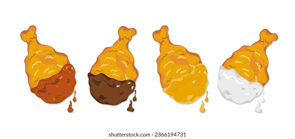 Juego de caricaturas de pollo frito crujiente recubierto con cuatro salsas diferentes, salsa coreana, salsa barbacoa, salsa de queso, salsa de cebolla y comida rápida crujiente. deliciosa ilustración del inversor de menú de comida.