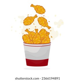 Cartoon set of crispy fried chicken splashing out of the bucket side view Crunchy fast food, beef shank, delicious fried chicken menu Frame vector illustration.