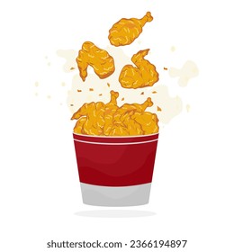 Cartoon set of crispy fried chicken splashing out of the bucket side view Crunchy fast food, beef thighs, thighs, wings, delicious fried chicken dishes. Frame vector illustration.