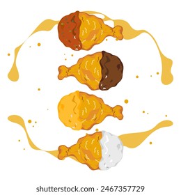 Cartoon set of crispy fried chicken coated in 4 different sauces, Korean sauce, BBQ sauce, cheese sauce, onion sauce, and crunchy fast food. delicious food menu inverter illustration.