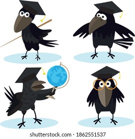 Cartoon set crow with bachelor cap and world globe vector image