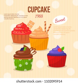 Cartoon set of cupcakes with different delicious stuffing. Card. Pattern. Vector illustration.