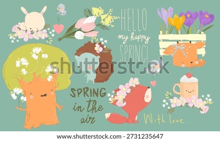 Cartoon Set with Cute Animals and Bouquets Of Spring Flowers. Vector Illustration