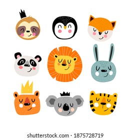 Cartoon set with cute animals. Hand drawing illustration. baby design for cards, print, poster