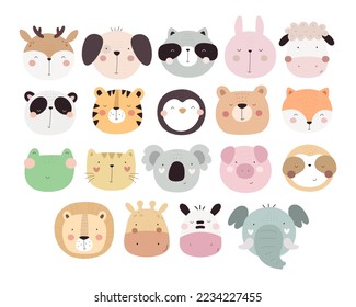 Cartoon set with cute animals. Hand drawing illustration. baby design for cards, print, poster