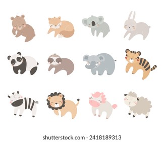 Cartoon set with cute animals. Hand drawing illustration. baby design for cards, print, poster
