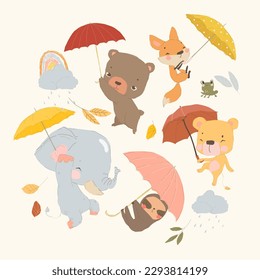 Cartoon Set with Cute Animals holding Colorful Umbrellas