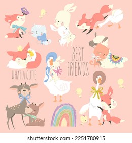 Cartoon Set with Cute Animals hugging Friends