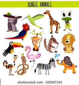 Cartoon Set of Cute Animals monkey, lion, Zebra, elephant, snake and bird Toucan, Flamingo, humming bird tropical jungle and wet forests isolated on white background. Vector illustration