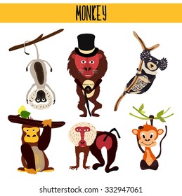 Cartoon Set of Cute Animals monkeys living in different parts of the world forests and tropical jungle .Macaque, gorilla, Yukari, vervet monkey, baboon, indri, chimpanzees . Vector illustration