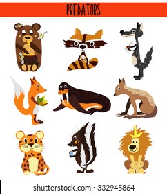 Cartoon Set of Cute Animals predators living in different parts of the world forests, seas and tropical jungles . Crocodile. skunk, bear, wolf, Fox, raccoon, walrus, lion. Vector illustration