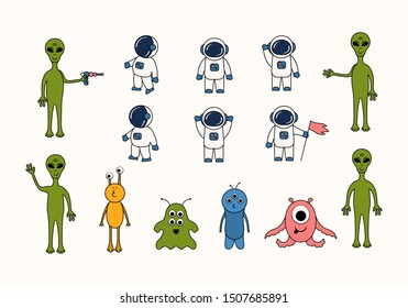 Cartoon set of cute astronauts, aliens and monsters. Space creatures and spaceman. Futuristic stickers for kids.