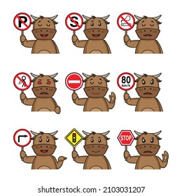 cartoon set cute buffalo cartoon in poses telling different traffic signs