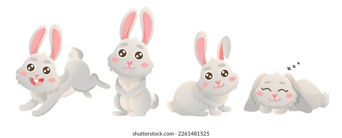 Juego de dibujos animados de lindos conejitos. Cartel con ilustraciones vectoriales. El conejo gris vectorial está sentado, durmiendo en preciosas poses