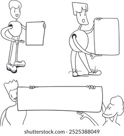 Un conjunto de dibujos animados de personajes lindos que contienen carteles, Anuncios o marcos en blanco para insertar contenido o texto.
