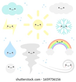 Cartoon Set süßer Zeichen. Sonne, Wolken, Regenbogen, Sturz, Wind, Schneeflocken, Blasen, Schnee, Blitz. Kawaii-Sammlung. Vektorillustration.