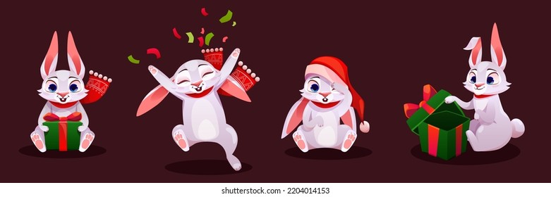 Montaje de dibujos animados de lindos conejitos de Navidad aislados en fondo marrón. Ilustración vectorial de conejos blancos con cajas de regalo abiertas y cerradas, arrojando confeti, usando sombrero de Santa Claus. Tarjeta postal de vacaciones