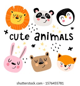 Cartoon set with cute colorful animals. Flat baby vector illustration with lettering, decor elements. Hand drawing for children.