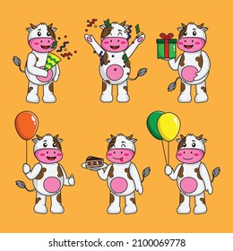 cartoon set cute cow cartoon celebrating birthday in different pose