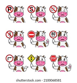 cartoon set cute cow cartoon in poses telling different traffic signs