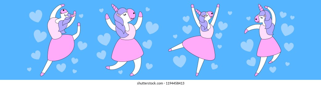 Cartoon set of cute dancing unicorn. Vector illustration