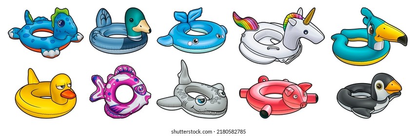 Cartoon set of cute doodle Animals and Birds Inflatable Pool Circles. Summer swimming toys colorful vector funny illustration. Isolated on white background