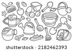 Cartoon set of cute doodle kids beach toys.
