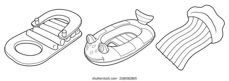 Cartoon set of cute doodle kids inflatable water mattresses. Summer swimming toys vector funny illustration. Isolated on white background