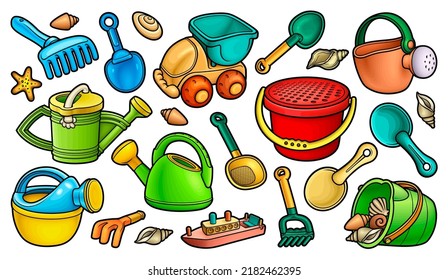 Cartoon set of cute doodle kids beach toys. Vector funny illustration. Isolated on white background