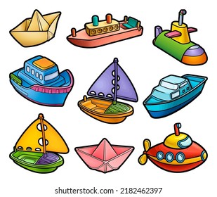 Cartoon set of cute doodle kids beach toys. Vector funny illustration. Isolated on white background