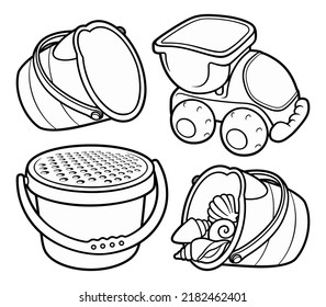 Cartoon set of cute doodle kids beach toys.