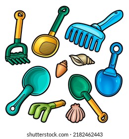 Cartoon set of cute doodle kids beach toys. Vector funny illustration. Isolated on white background