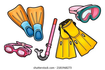 Cartoon set of cute doodle scuba diving equipment. Summer swimming objects vector funny illustration. Isolated on white background