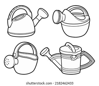 Cartoon set of cute doodle watering cans toys. 