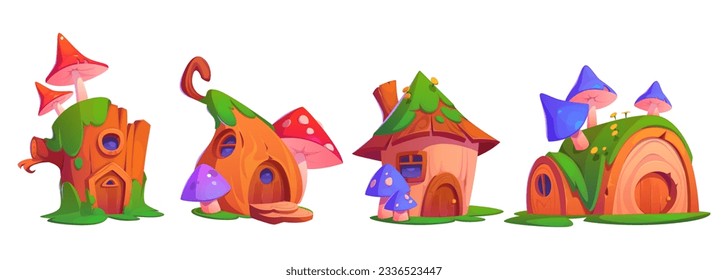 Cartoon set of cute fairytale houses isolated on white background. Vector illustration of fantasy tree stump huts with wooden door, porch and round window, mushrooms, moss on roof. Forest dwarf home