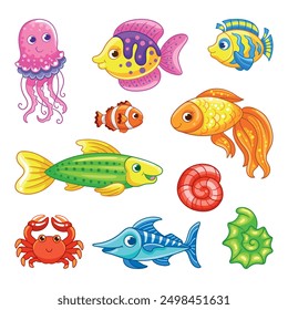 Conjunto de dibujos animados con peces lindos. Conjunto de peces de mar sobre un fondo blanco. Peces de dibujos animados.