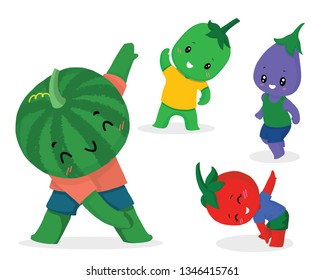 Cartoon set of Cute Fruit to exercise, vector hand drawn illustration