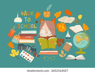 Cartoon Set with Cute Girl and School Supplies. Vector Illustration