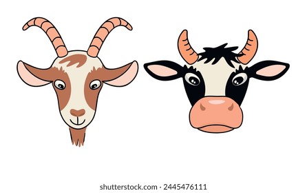 Cartoon set with cute goat and cow head.Farm animals with horns isolated on white background.Print with front view of dairy cattle.Vector design for use in baby clothes,nursery decor,textiles,card.