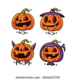 Cartoon set of cute halloween pumpkins with different funny faces and halloween costumes. Vector character halloween set.